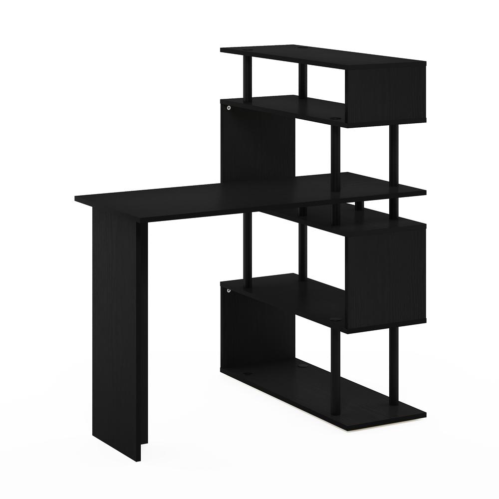 Furinno Moore L-Shape Computer Desk with 5-Tier Shelves, Americano/Black. Picture 4