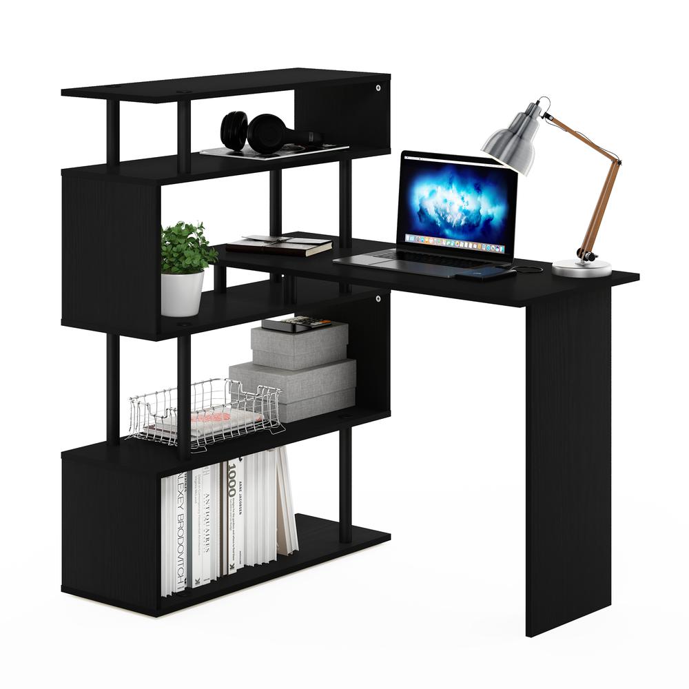 Furinno Moore L-Shape Computer Desk with 5-Tier Shelves, Americano/Black. Picture 7