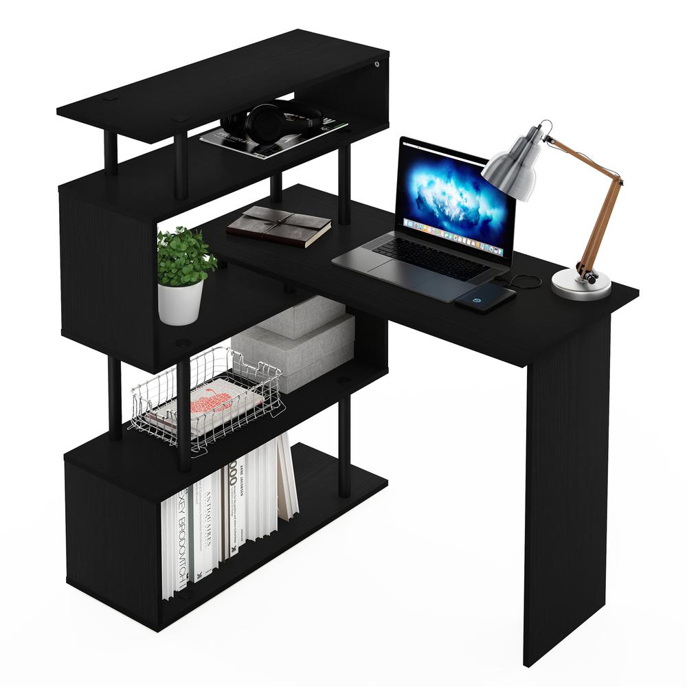 Furinno Moore L-Shape Computer Desk with 5-Tier Shelves, Americano/Black. Picture 8