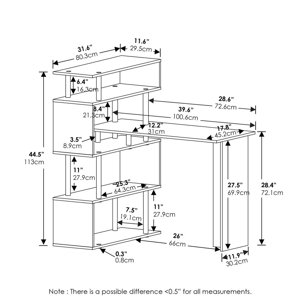 Furinno Moore L-Shape Computer Desk with 5-Tier Shelves, French Oak/Black. Picture 2