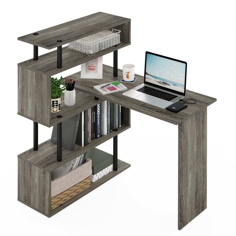 Furinno Moore L-Shape Computer Desk with 5-Tier Shelves, French Oak/Black. Picture 8