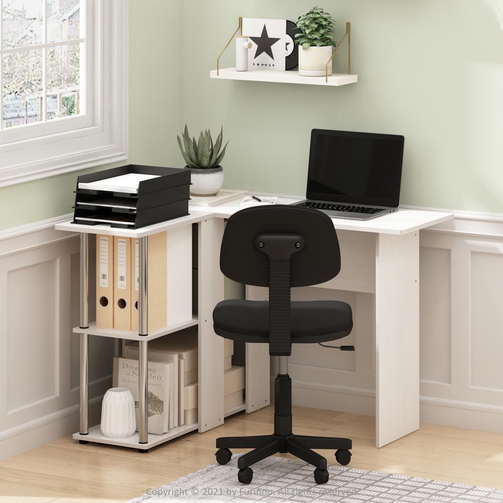 Furinno Abbott L-Shape Desk with Bookshelf, White Oak, Stainless Steel Tubes. Picture 6