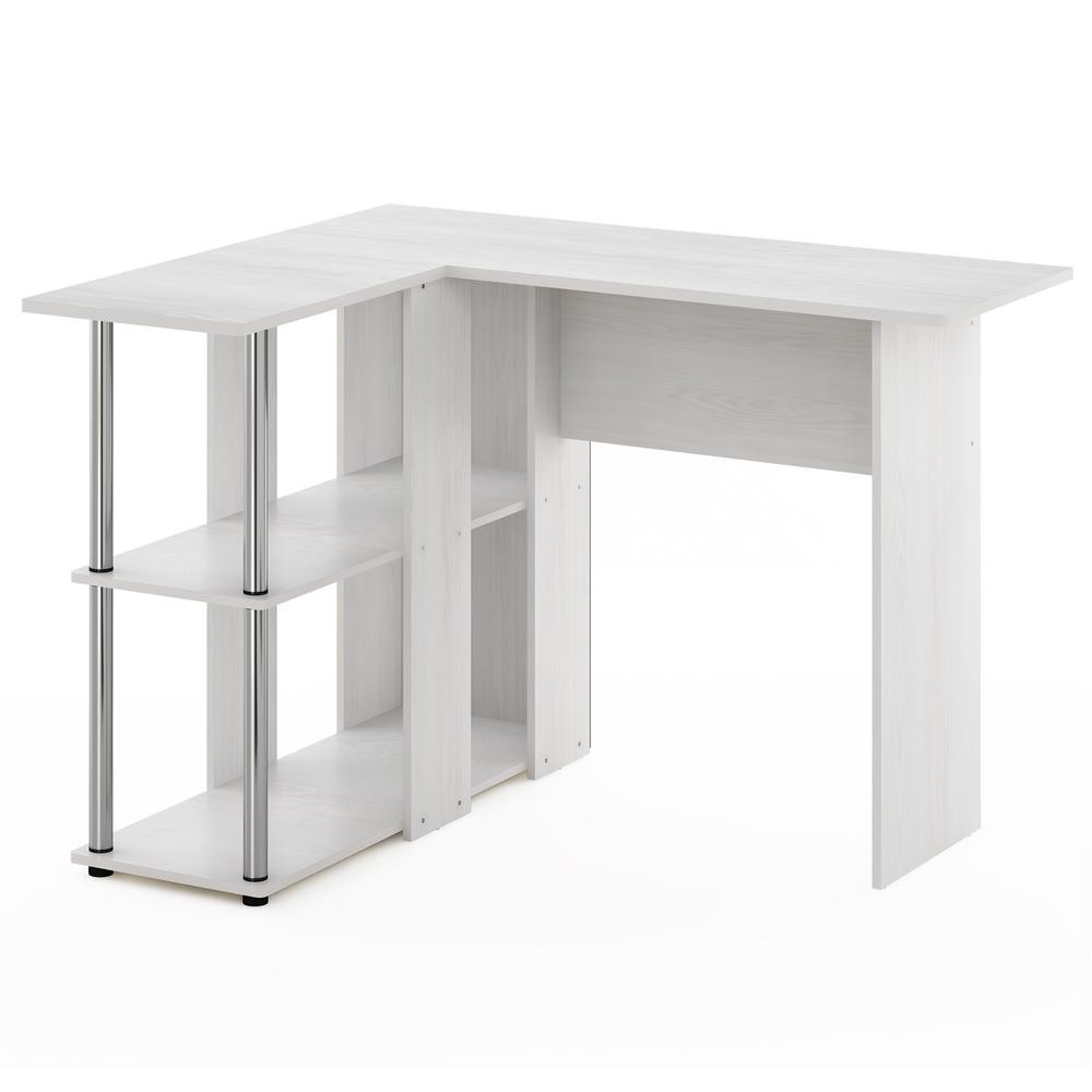 Furinno Abbott L-Shape Desk with Bookshelf, White Oak, Stainless Steel Tubes. Picture 1