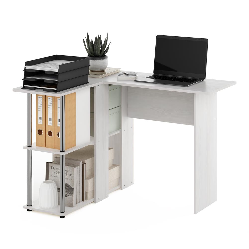 Furinno Abbott L-Shape Desk with Bookshelf, White Oak, Stainless Steel Tubes. Picture 4