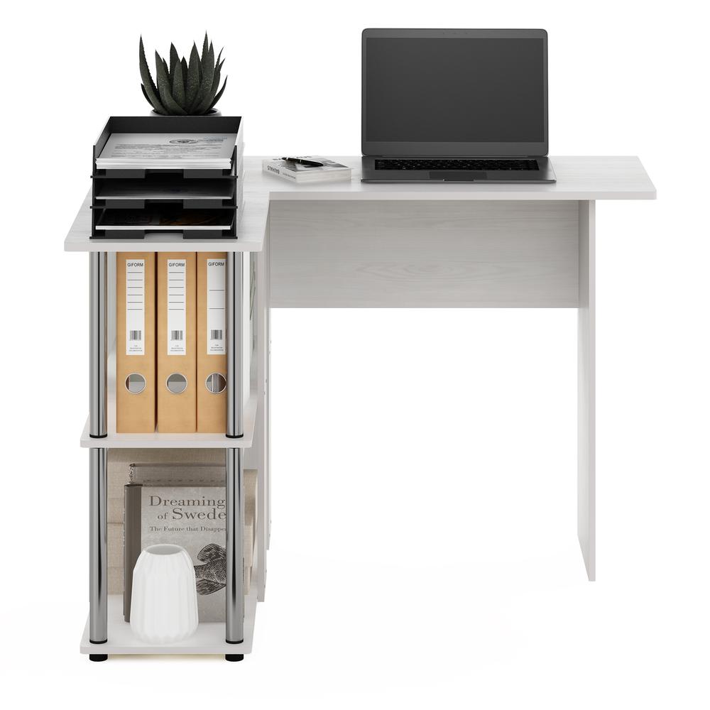 Furinno Abbott L-Shape Desk with Bookshelf, White Oak, Stainless Steel Tubes. Picture 5