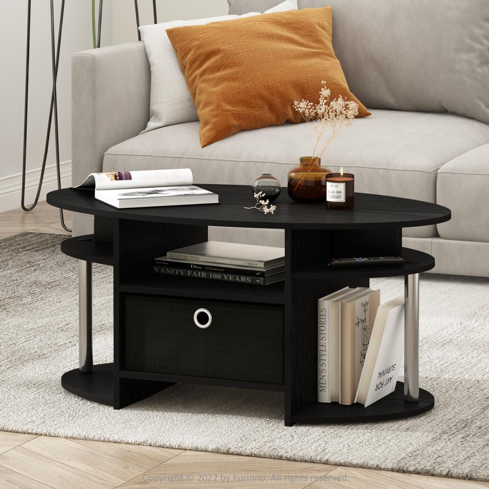 Furinno JAYA Simple Design Oval Coffee Table with Bin, Americano, Stainless Steel Tubes. Picture 6