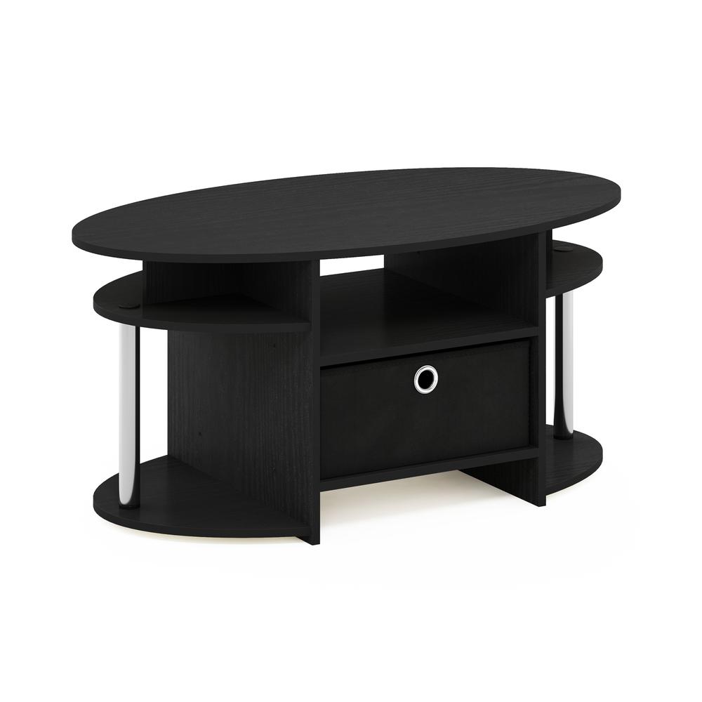 Furinno JAYA Simple Design Oval Coffee Table with Bin, Americano, Stainless Steel Tubes. Picture 1