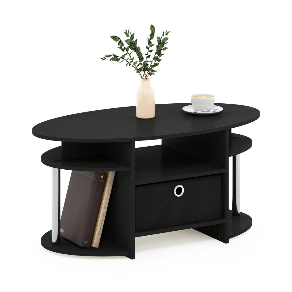 Furinno JAYA Simple Design Oval Coffee Table with Bin, Americano, Stainless Steel Tubes. Picture 4