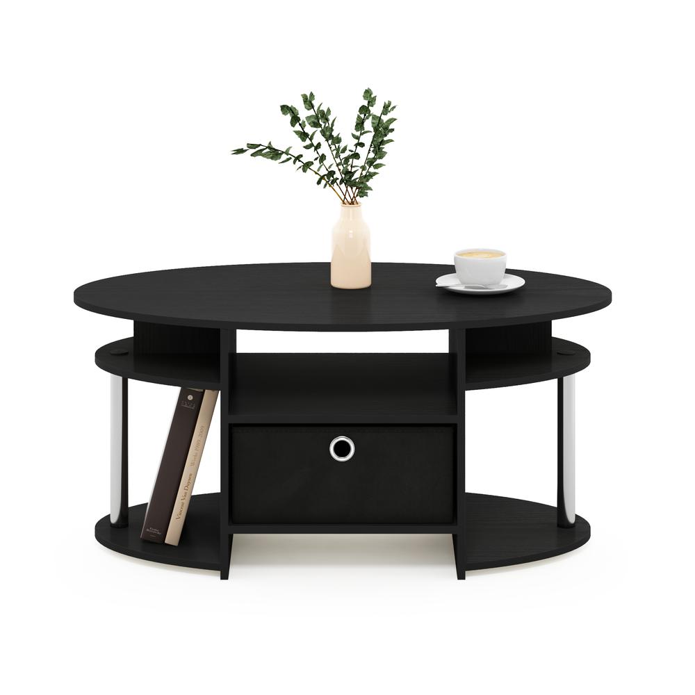 Furinno JAYA Simple Design Oval Coffee Table with Bin, Americano, Stainless Steel Tubes. Picture 5