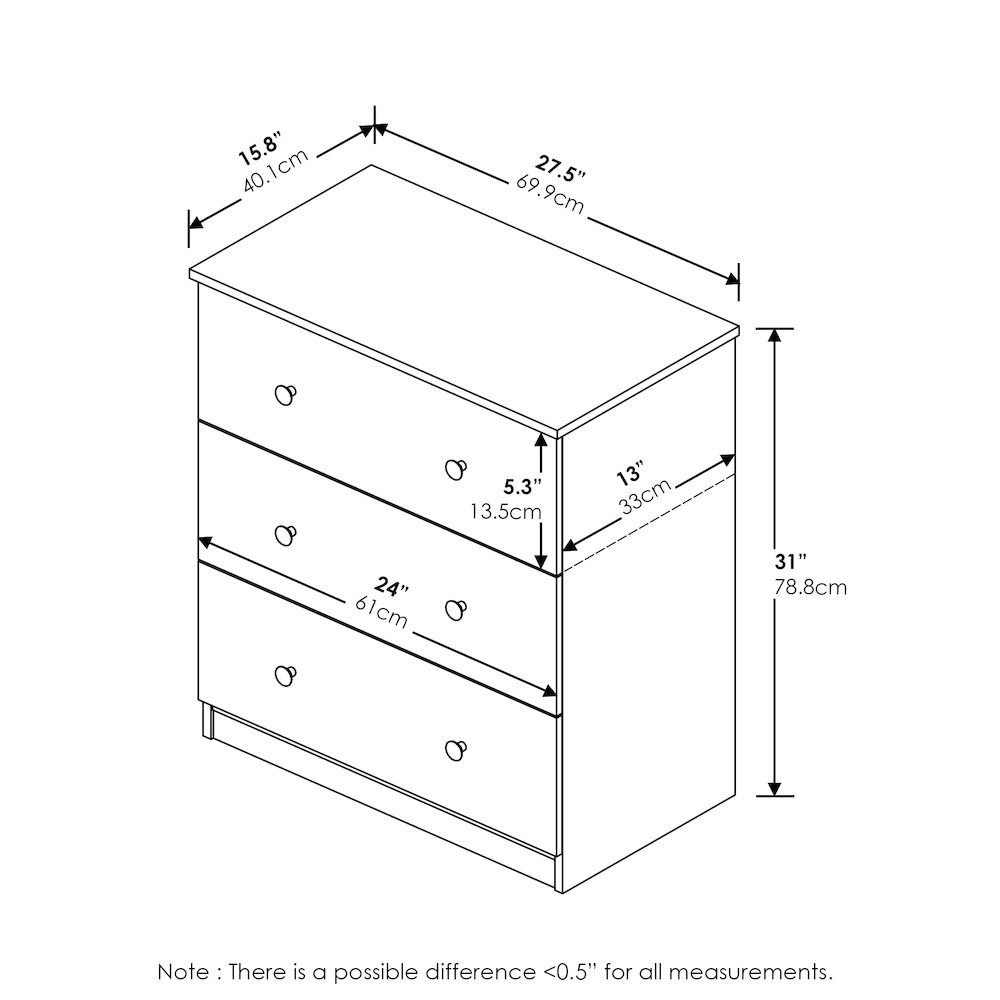 Simple Design 3-Drawer Chest Drawer, Dresser with Knob, Americano. Picture 2