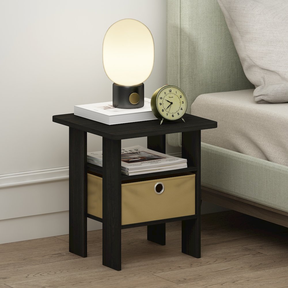 Tidur Bedside Table Nightstand with Bin Drawer, Espresso/Brown, Set of 2. Picture 5