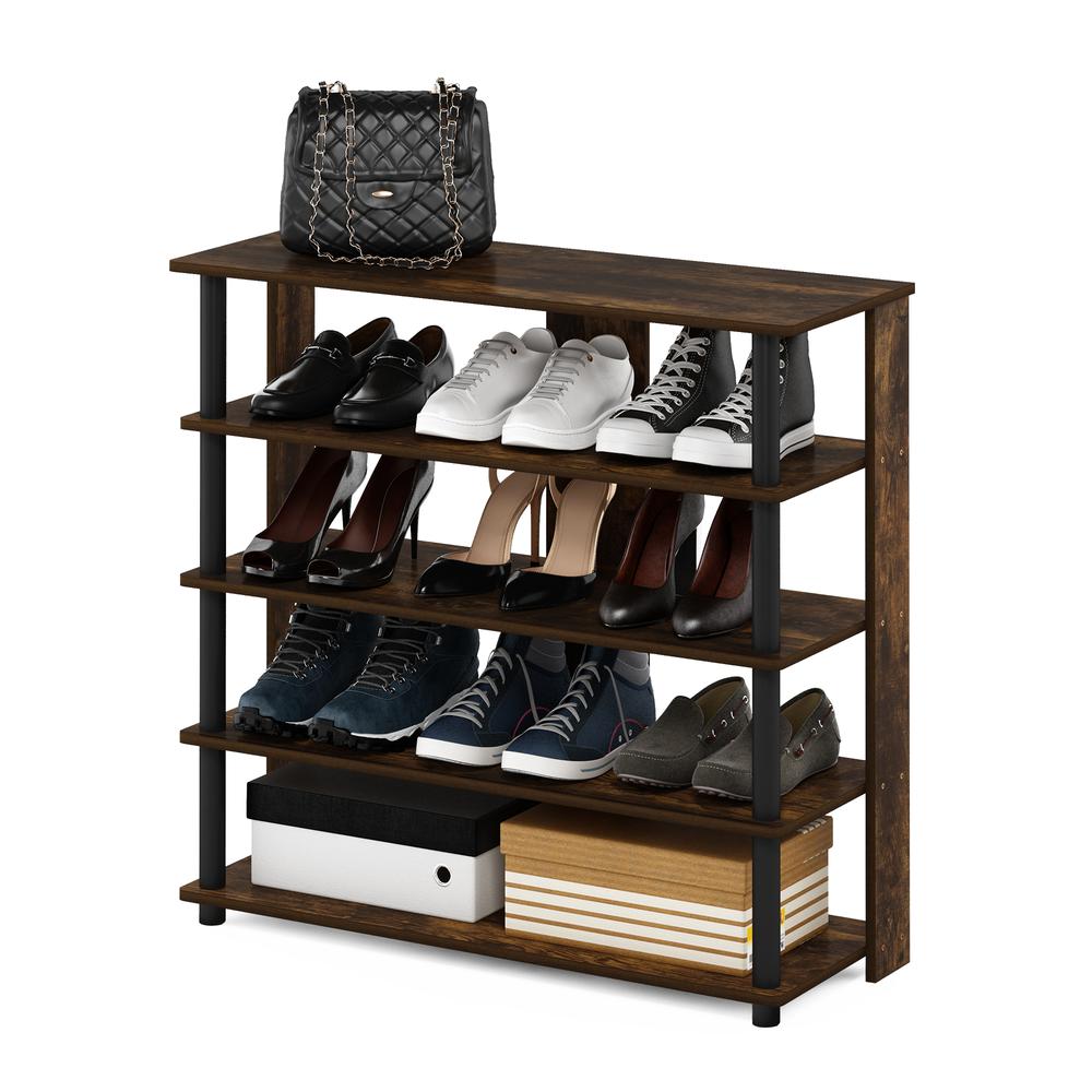 Furinno Turn-N-Tube 5 Tier Wide Shoe Rack, Amber Pine/Black. Picture 4