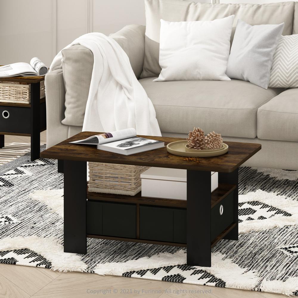 Furinno Andrey Coffee Table with Bin Drawer, Amber Pine/Black. Picture 6