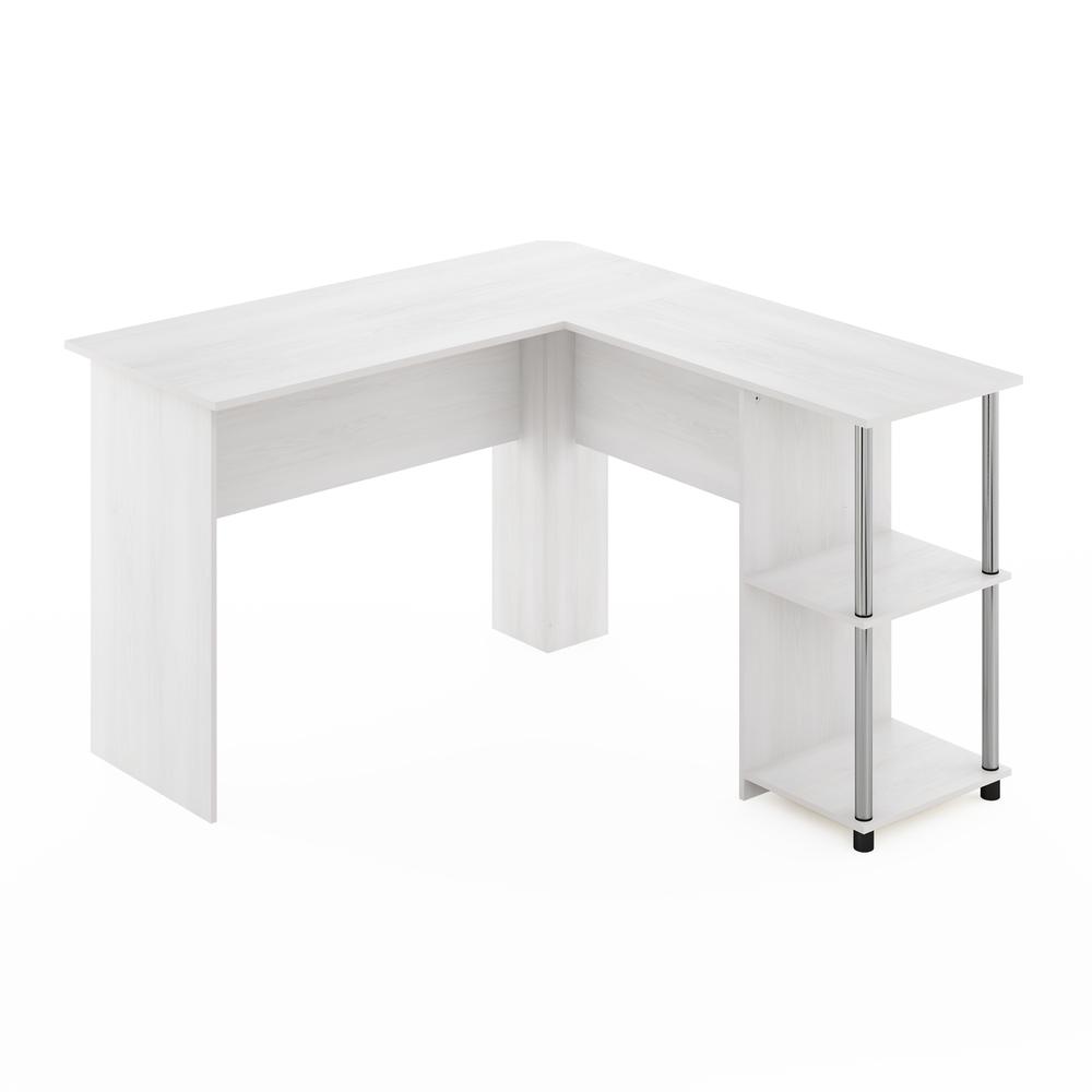 Furinno L-Shape Desk with Stainless Steel Tubes, White Oak. Picture 1