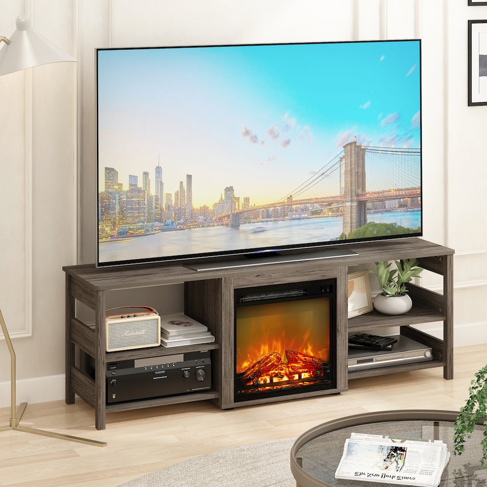 Fireplace TV Stand for TV up to 70 Inch, with Open Shelf,Grey Oak. Picture 7