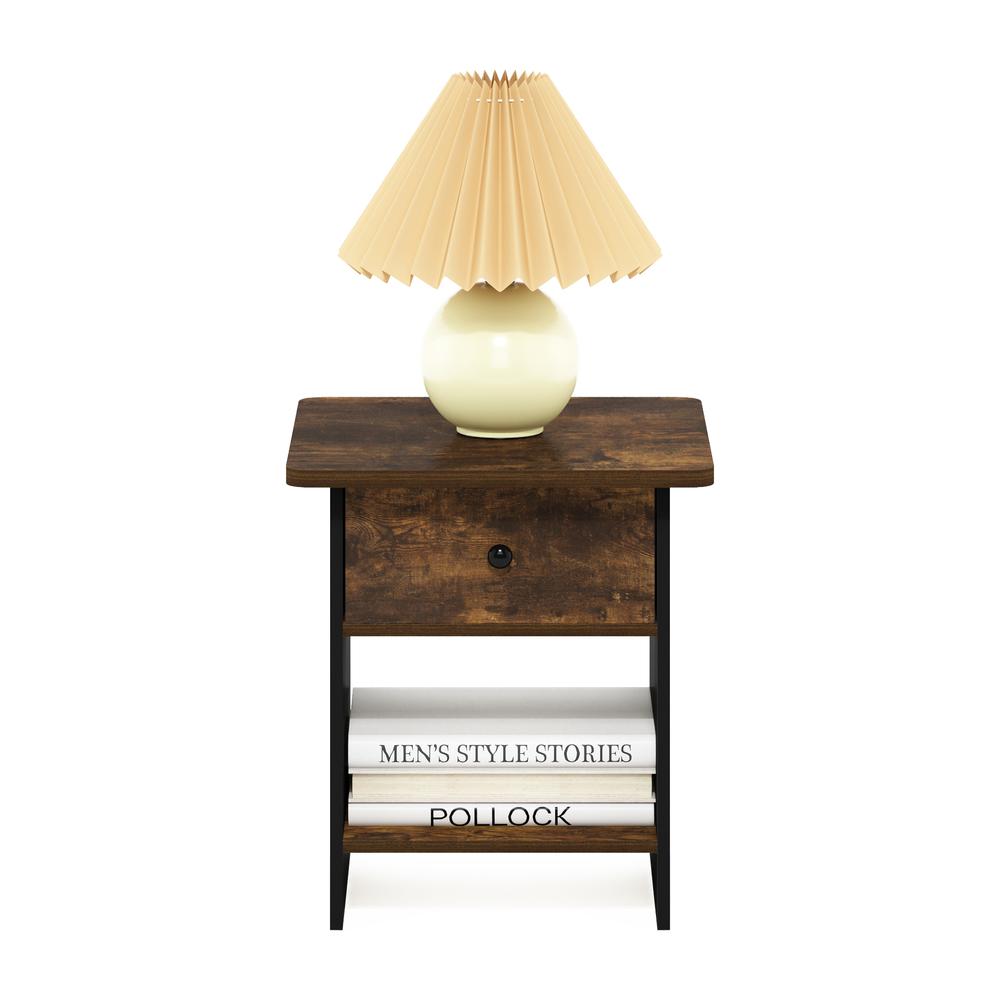 Furinno Dario End Table/ Night Stand Storage Shelf with Bin Drawer, Amber Pine/Black. Picture 6