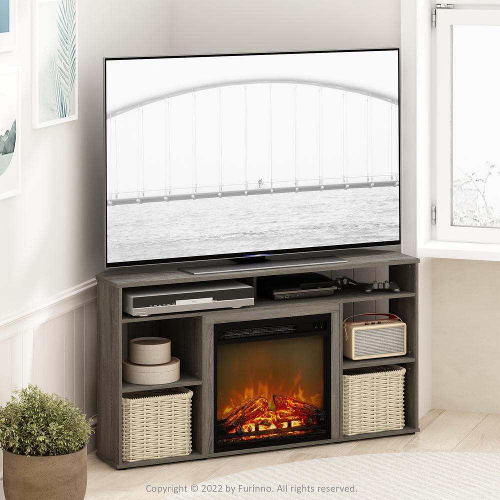 Furinno Jensen Corner TV Stand with Fireplace for TV up to 55 Inches, French Oak Grey. Picture 7