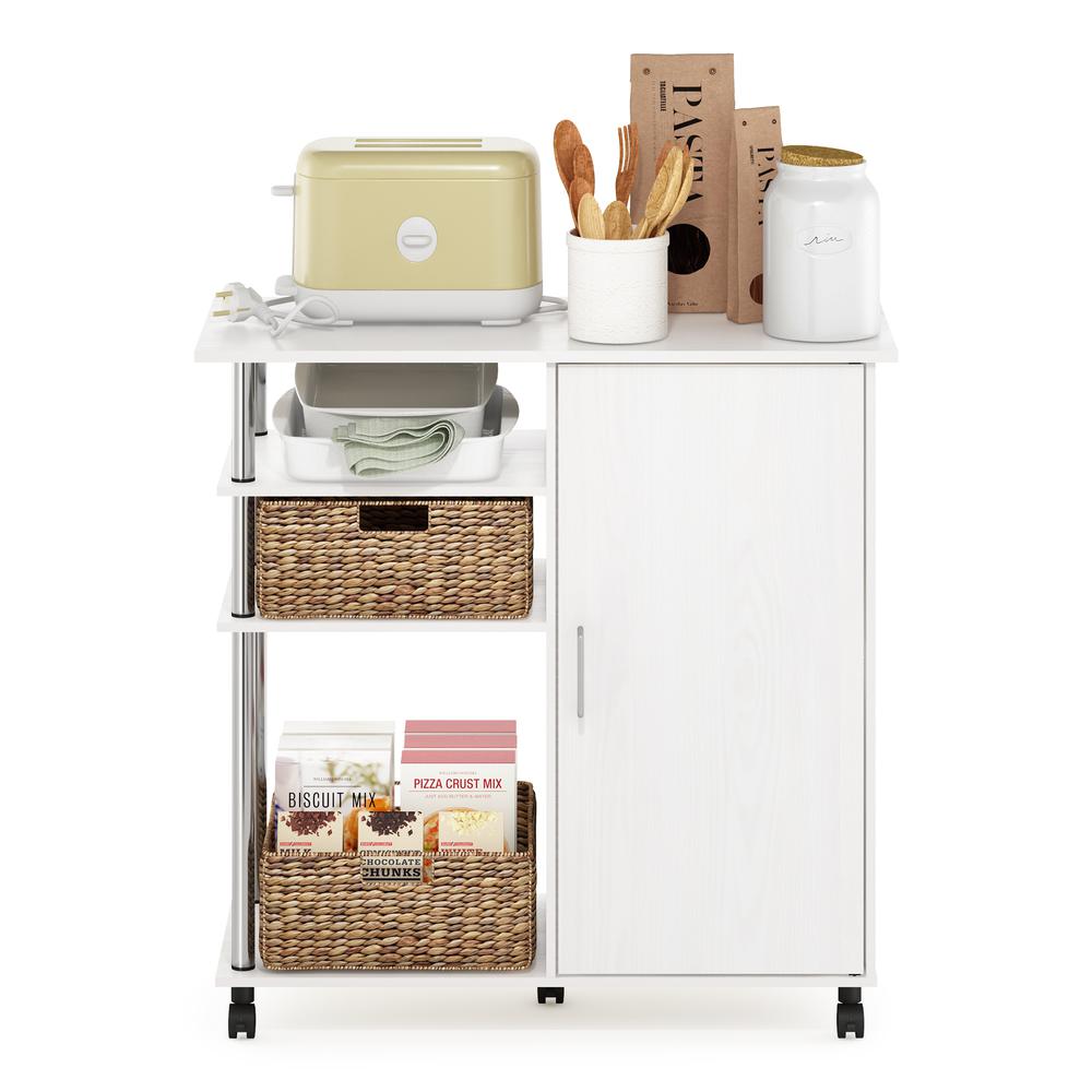 Furinno Helena 4-Tier Utility Kitchen Island and Storage Cart on wheels with Stainless Steel Tubes, White Oak/Chrome. Picture 6
