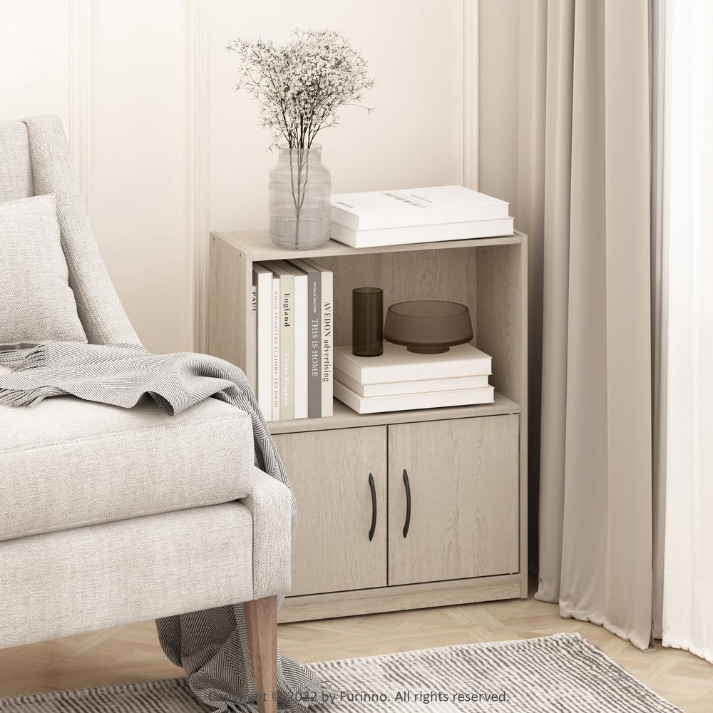 Furinno Gruen 2-Tier Open Shelf Bookcase with 2 Doors Storage Cabinet, Metropolitan Pine. Picture 7