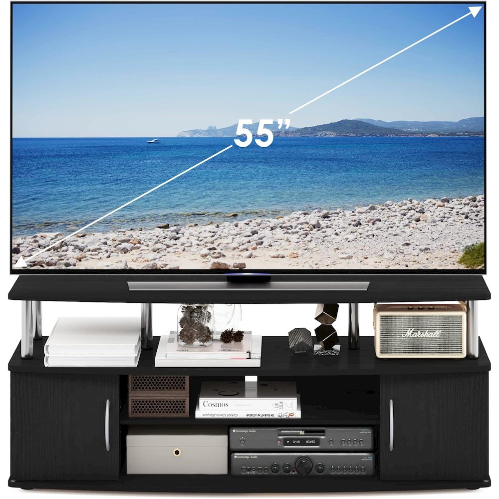 Modern Black 55 Inch TV Console with Shelves and Cabinets for Storage. Picture 6
