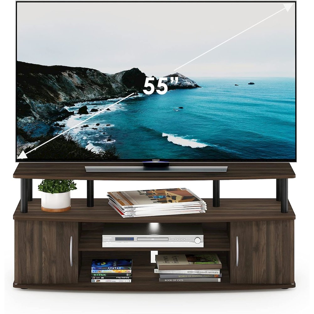 Brown 50 Inch TV Stand with Open Shelves and Dual Storage Cabinet Doors. Picture 6