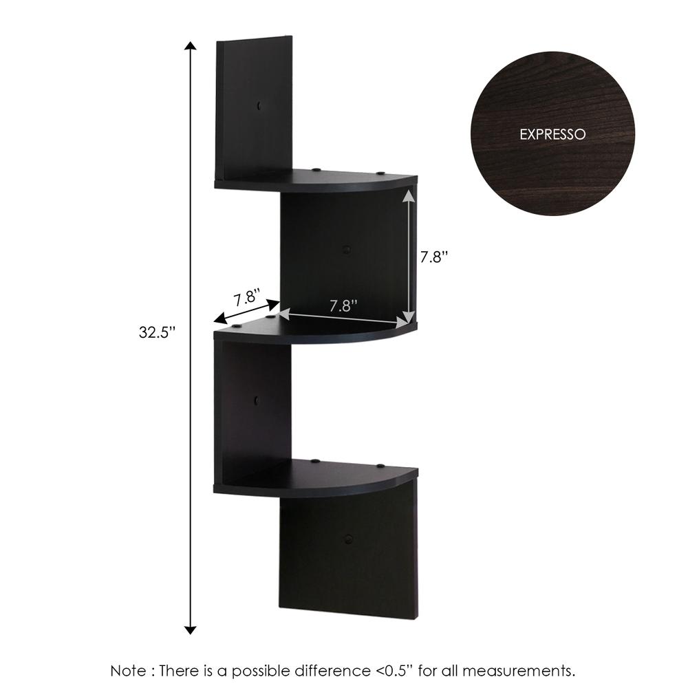Furinno 3 Tier Wall Mount Floating Corner Radial Shelf, Set of 2, Espresso. Picture 2