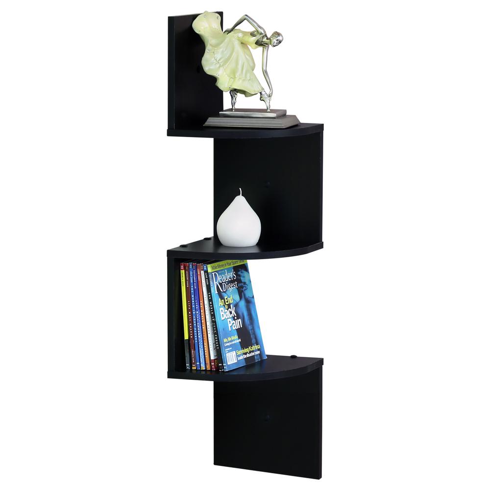 Furinno 3 Tier Wall Mount Floating Corner Radial Shelf, Set of 2, Espresso. Picture 3