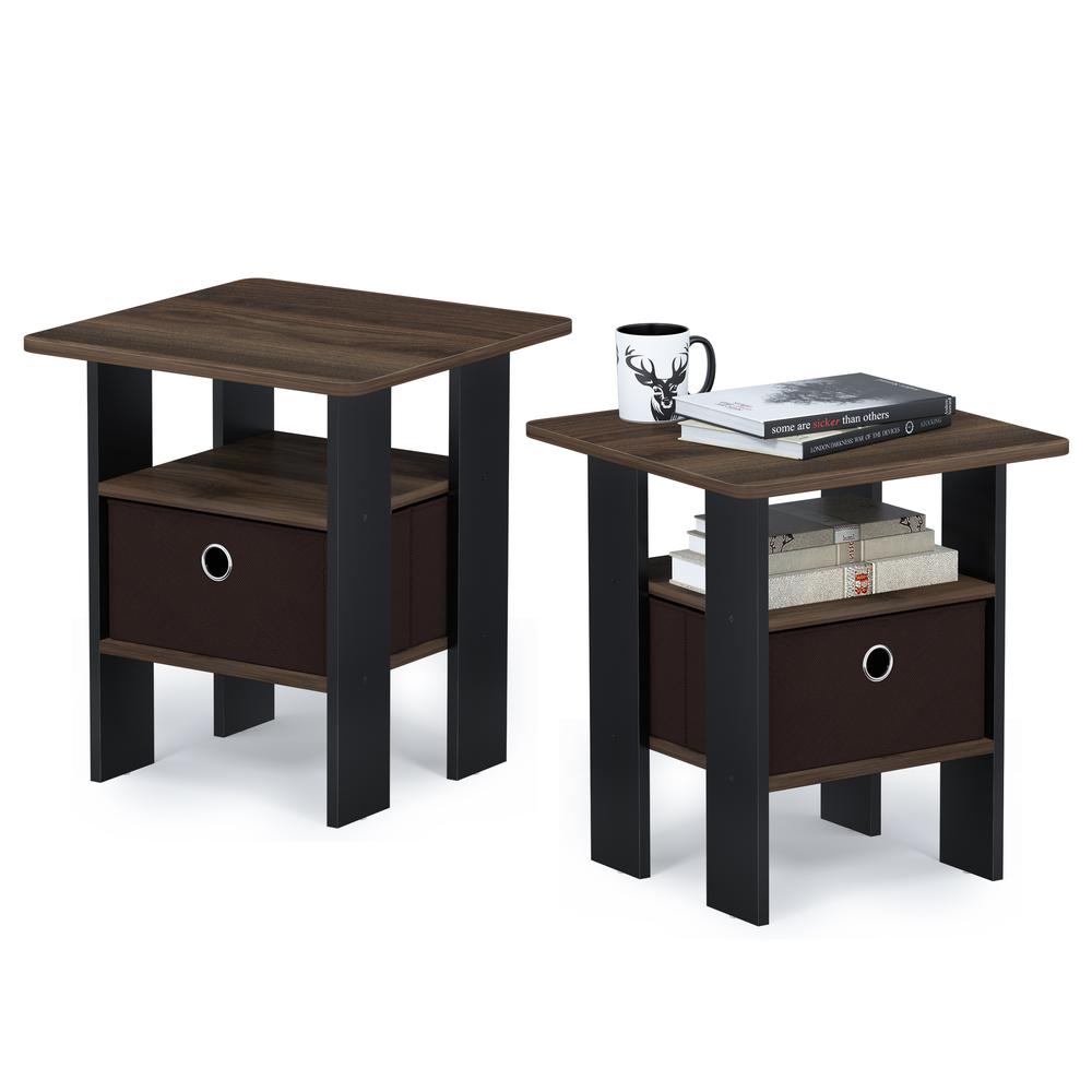 Furinno Andrey End Table Nightstand with Bin Drawer, Columbia Walnut/Dark Brown, Set of 2. Picture 3