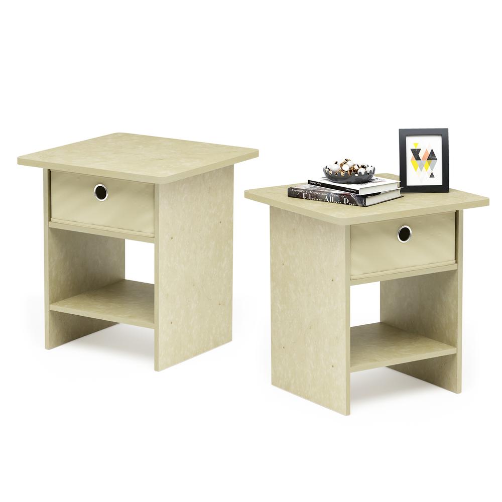 Furinno End Table/ Night Stand Storage Shelf with Bin Drawer, Cream Faux Marble/Ivory, Set of 2. Picture 3