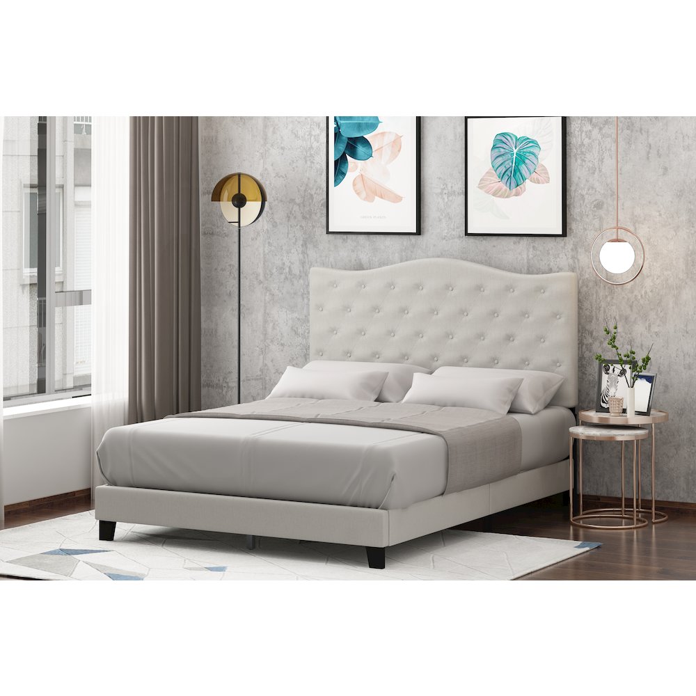 Twin Bed Frame with Button Tufted Upholstered Headboard, Light Beige. Picture 4