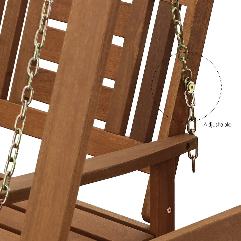 Tioman Hardwood Hanging Porch Swing with Stand in Teak Oil, Light Wood. Picture 6