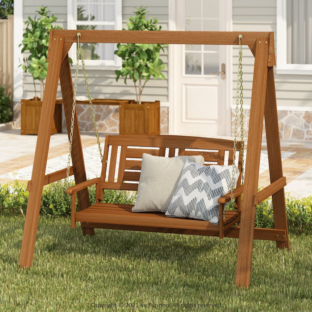 Tioman Hardwood Hanging Porch Swing with Stand in Teak Oil, Light Wood. Picture 2