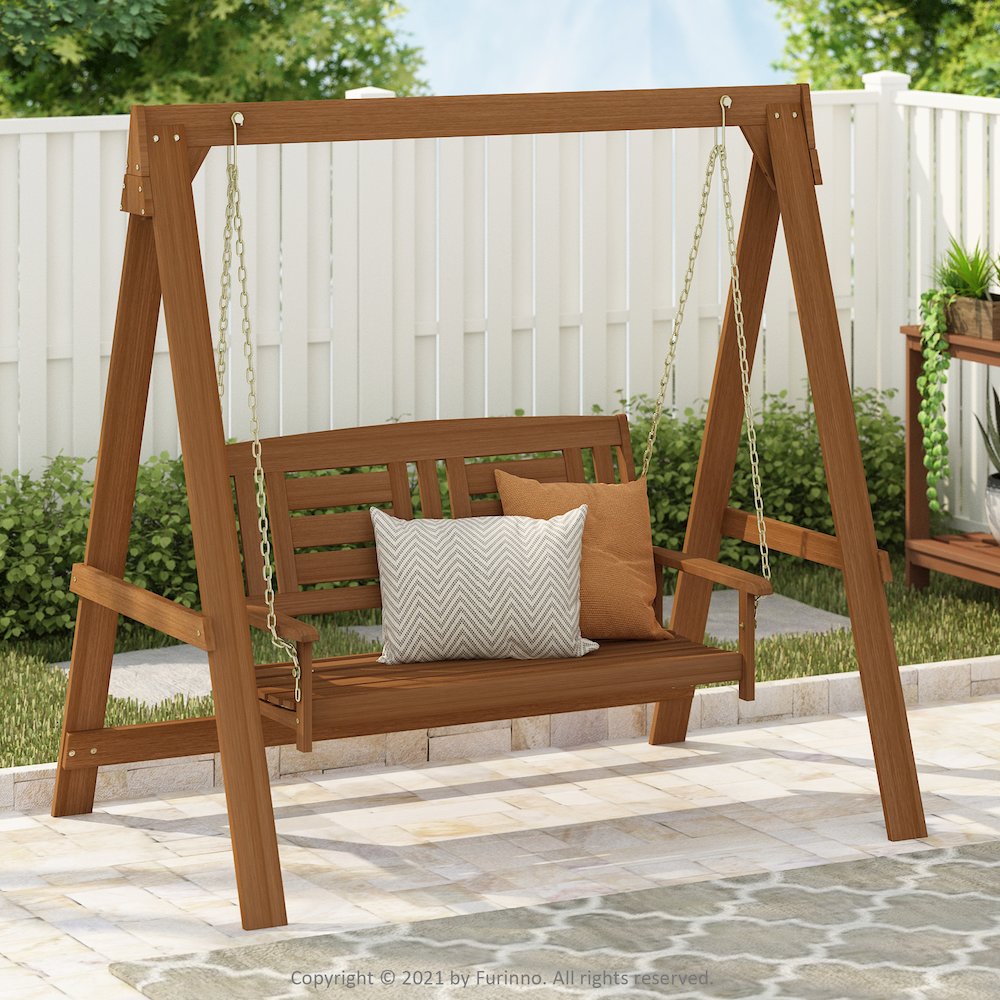 Tioman Hardwood Hanging Porch Swing with Stand in Teak Oil, Light Wood. Picture 4