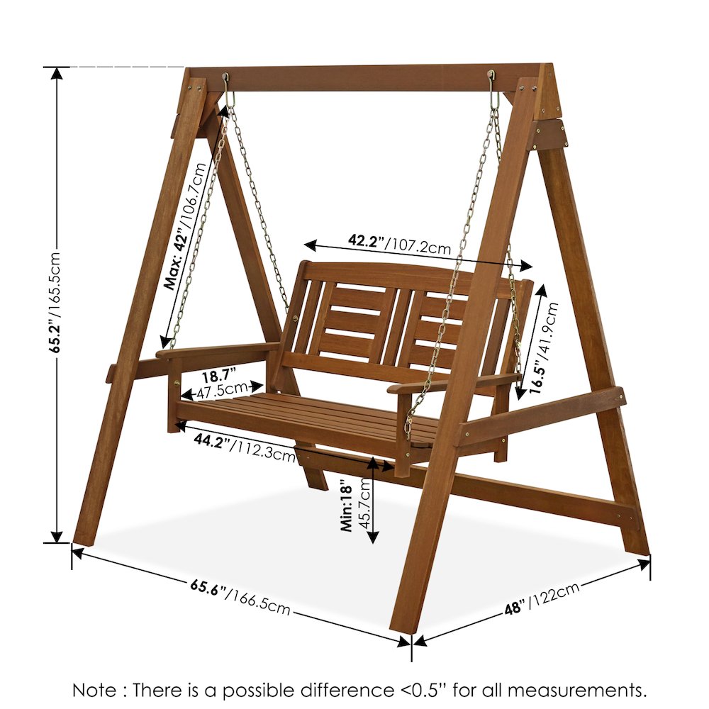 Tioman Hardwood Hanging Porch Swing with Stand in Teak Oil, Light Wood. Picture 3