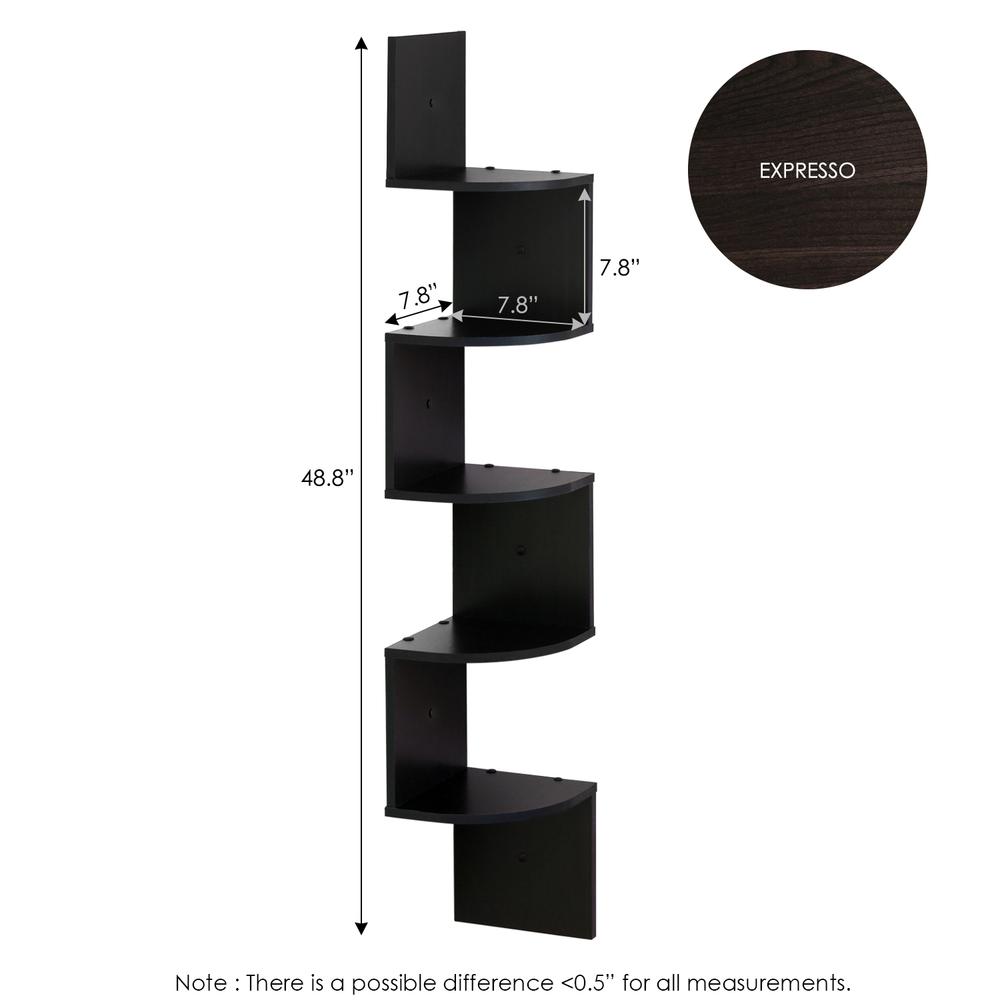 Furinno 5 Tier Wall Mount Floating Radial Corner Shelf, Espresso. Picture 2