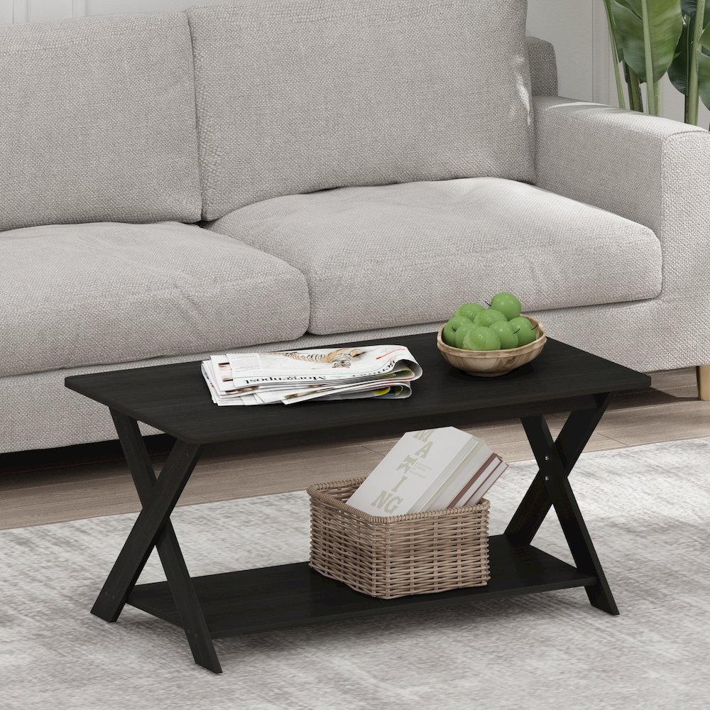 Coffee Table with Storage, Center Table with X-Shaped LegsBlack Espresso. Picture 4