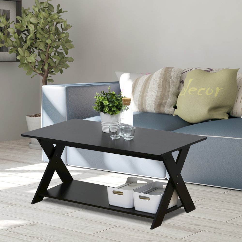 Coffee Table with Storage, Center Table with X-Shaped LegsBlack Espresso. Picture 9