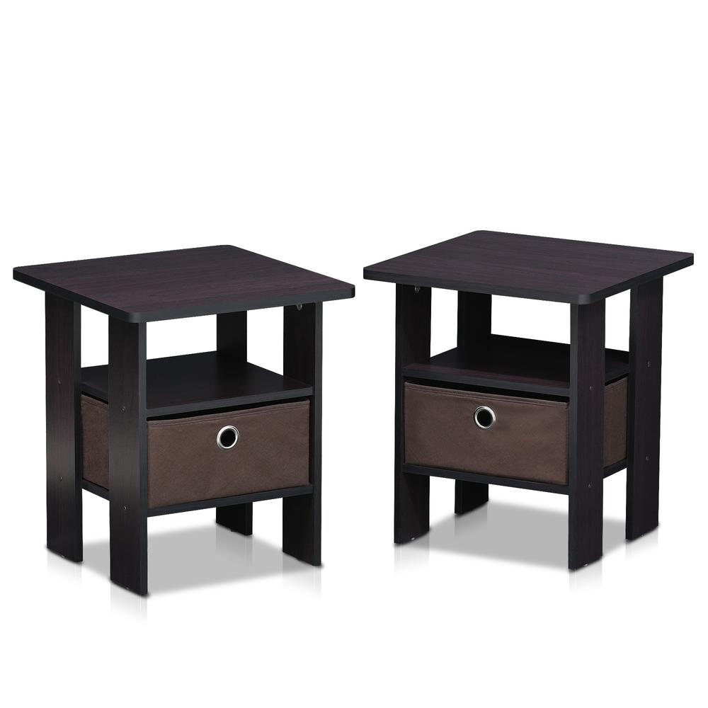 Furinno Andrey End Table Nightstand with Bin Drawer Set of 2, Dark Walnut, 2-11157DWN. Picture 1