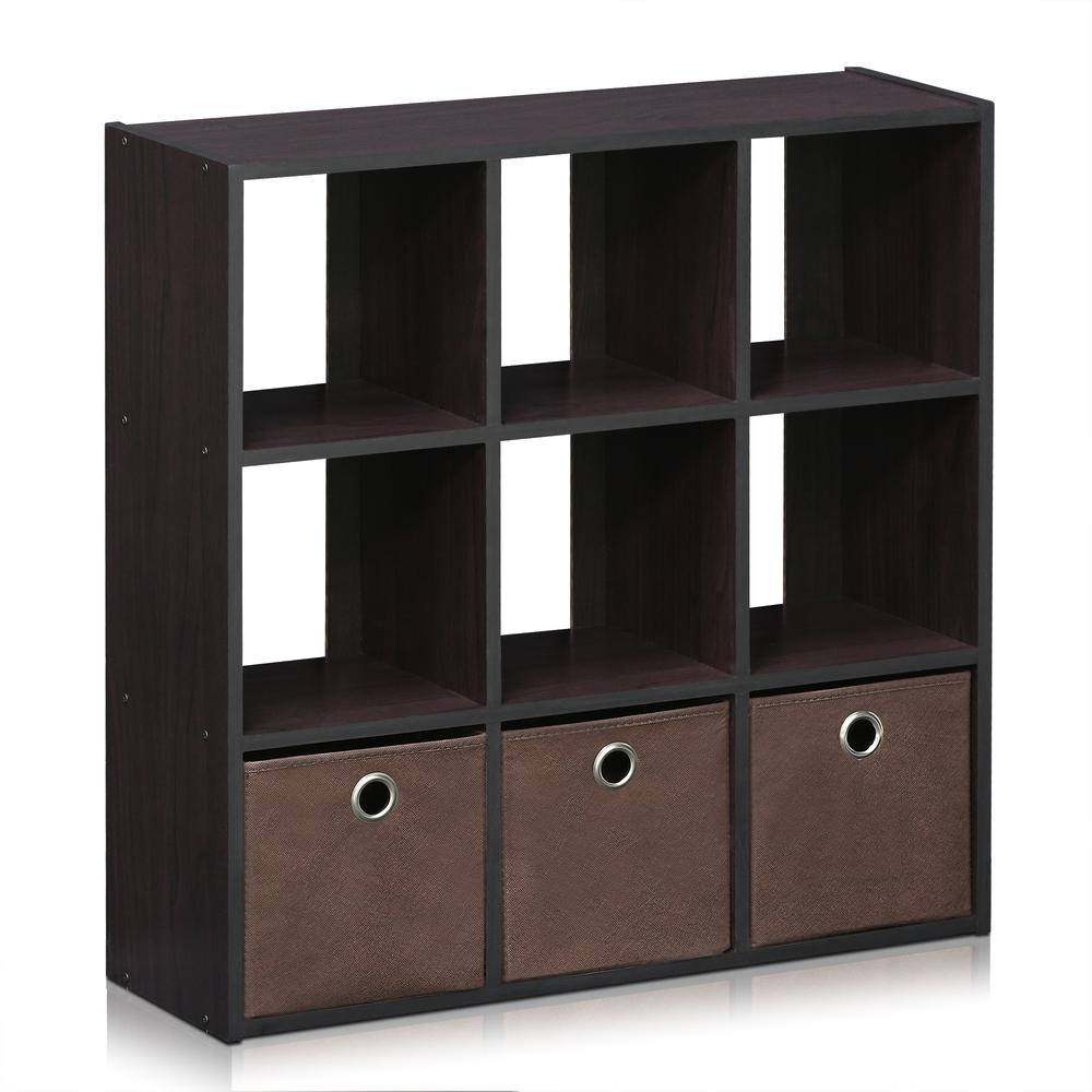 Furinno 13207DWN Simplistic 9-Cube Organizer with Bins, Dark Walnut. Picture 1