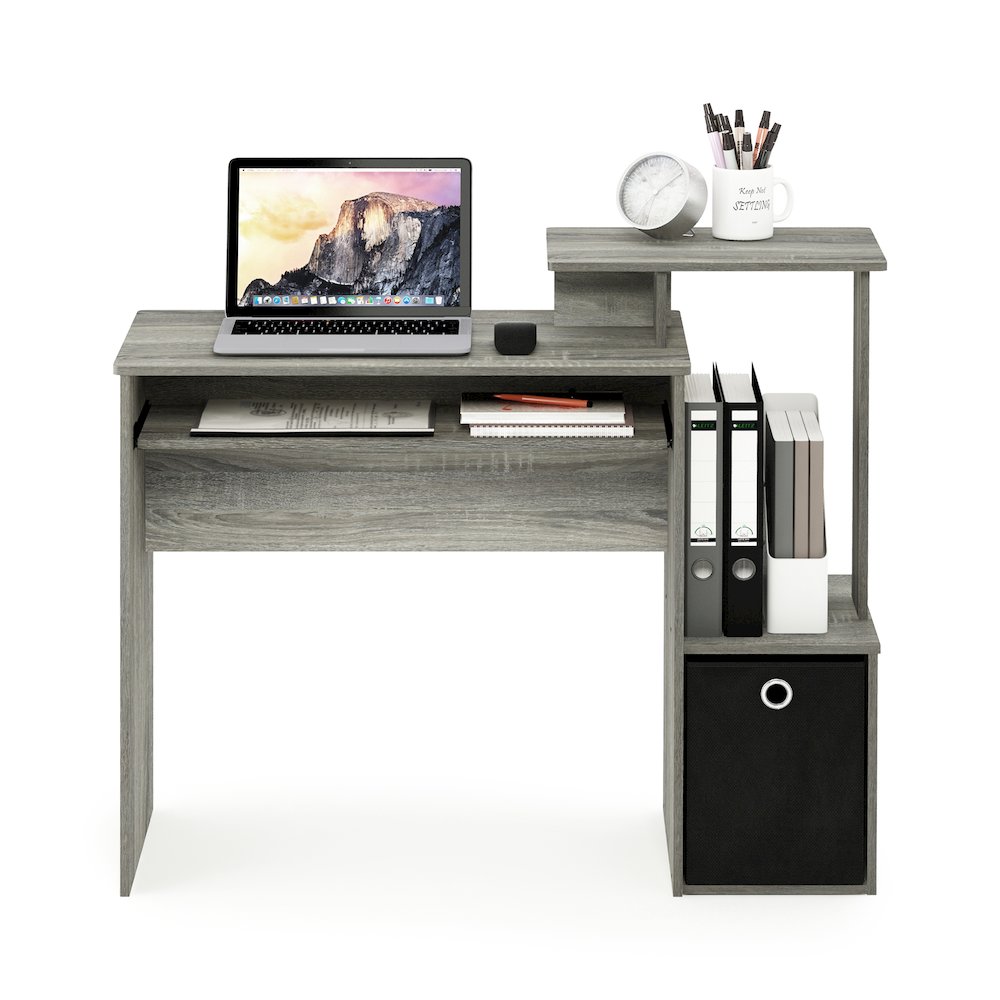 Gaming Desk with Keyboard Tray, with Side Shelves and Storage Bin, Grey Oak. Picture 6