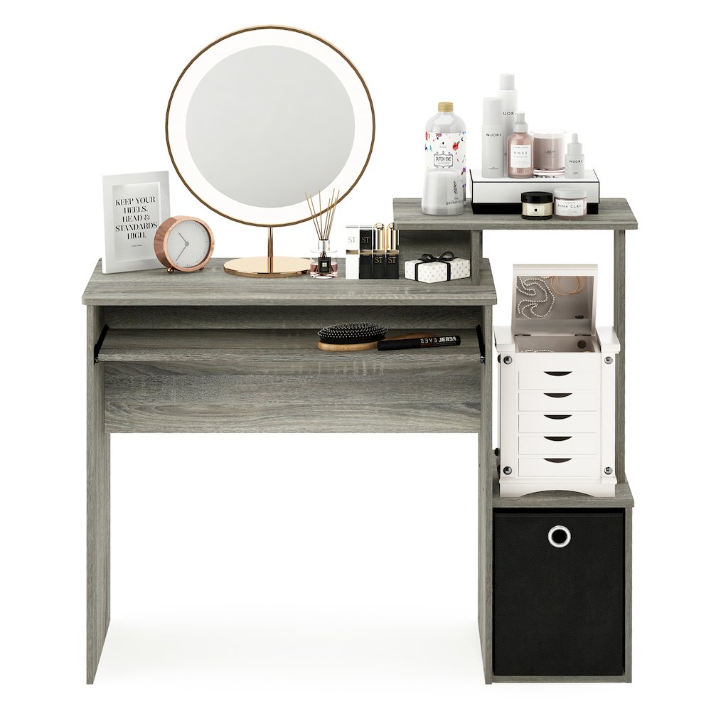 Gaming Desk with Keyboard Tray, with Side Shelves and Storage Bin, Grey Oak. Picture 2