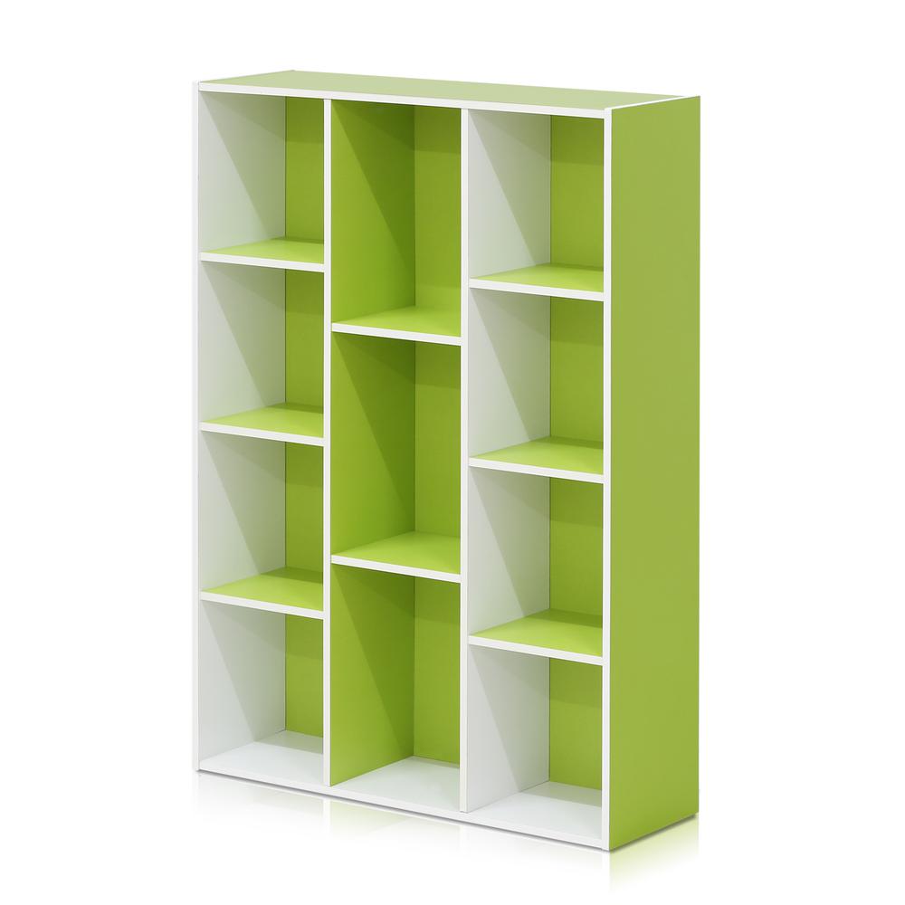 Furinno Luder 11-Cube Reversible Open Shelf Bookcase, White/Green 11107WH/GR. Picture 1