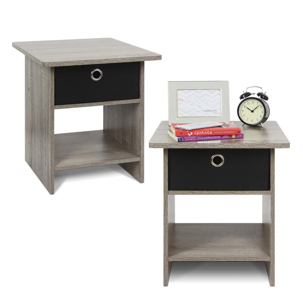 Furinno 2-10004GYW End Table/ Night Stand Storage Shelf with Bin Drawer, French Oak Grey/Black, Set of two. Picture 1
