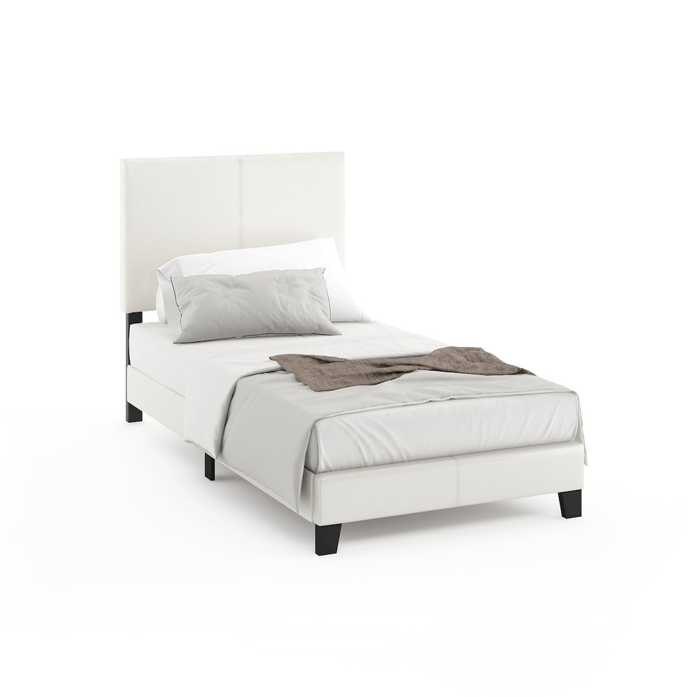 PESSAC Twin Bed Frame with PU Leather Upholstered Headboard, Plain White. Picture 2