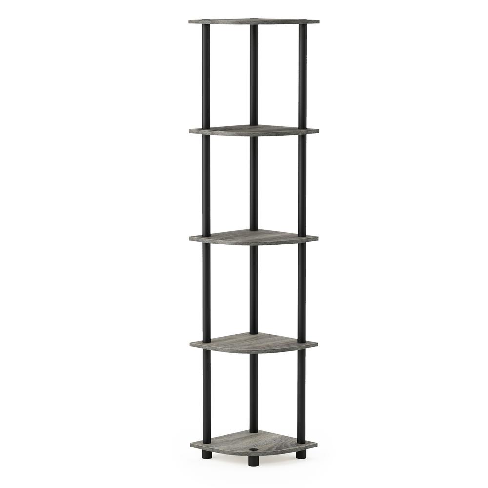 Furinno 99811 Turn-N-Tube 5 Tier Corner Display Rack Multipurpose Shelving Unit, French Oak Grey/Black. Picture 1