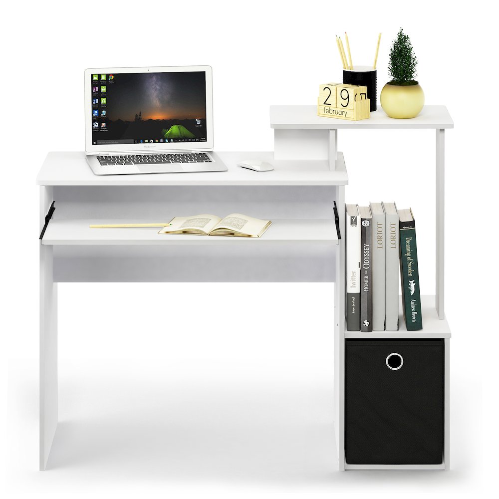 Gaming Desk with Keyboard Tray, with Side Shelves and Storage Bin, Plain White. Picture 2