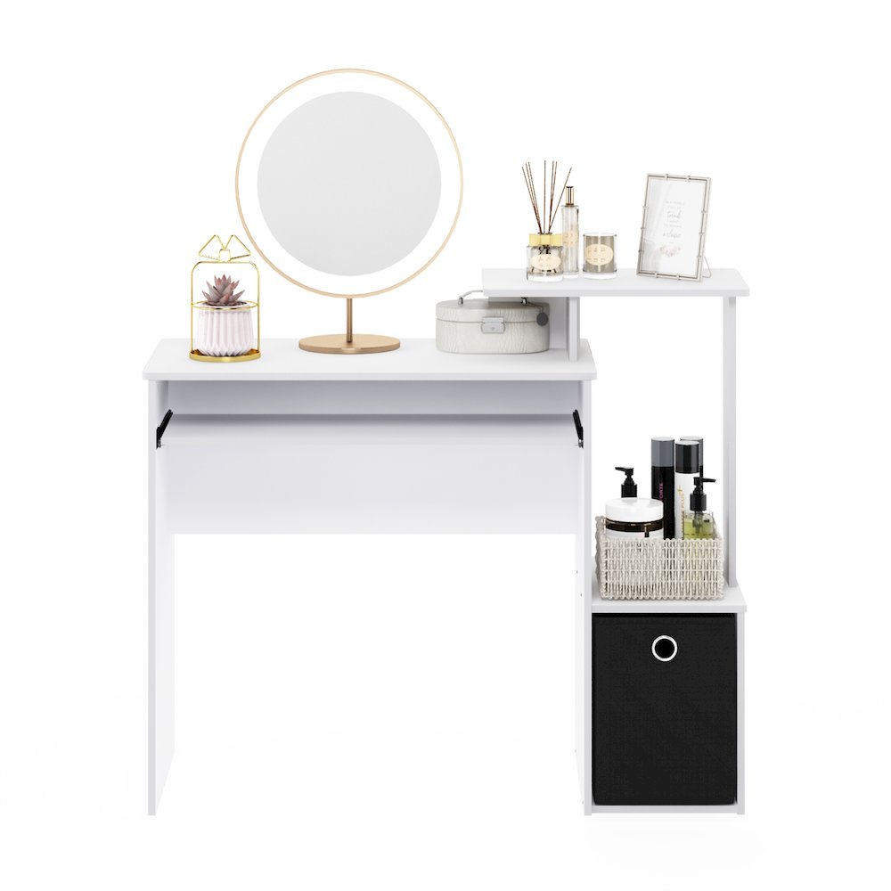 Gaming Desk with Keyboard Tray, with Side Shelves and Storage Bin, Plain White. Picture 1
