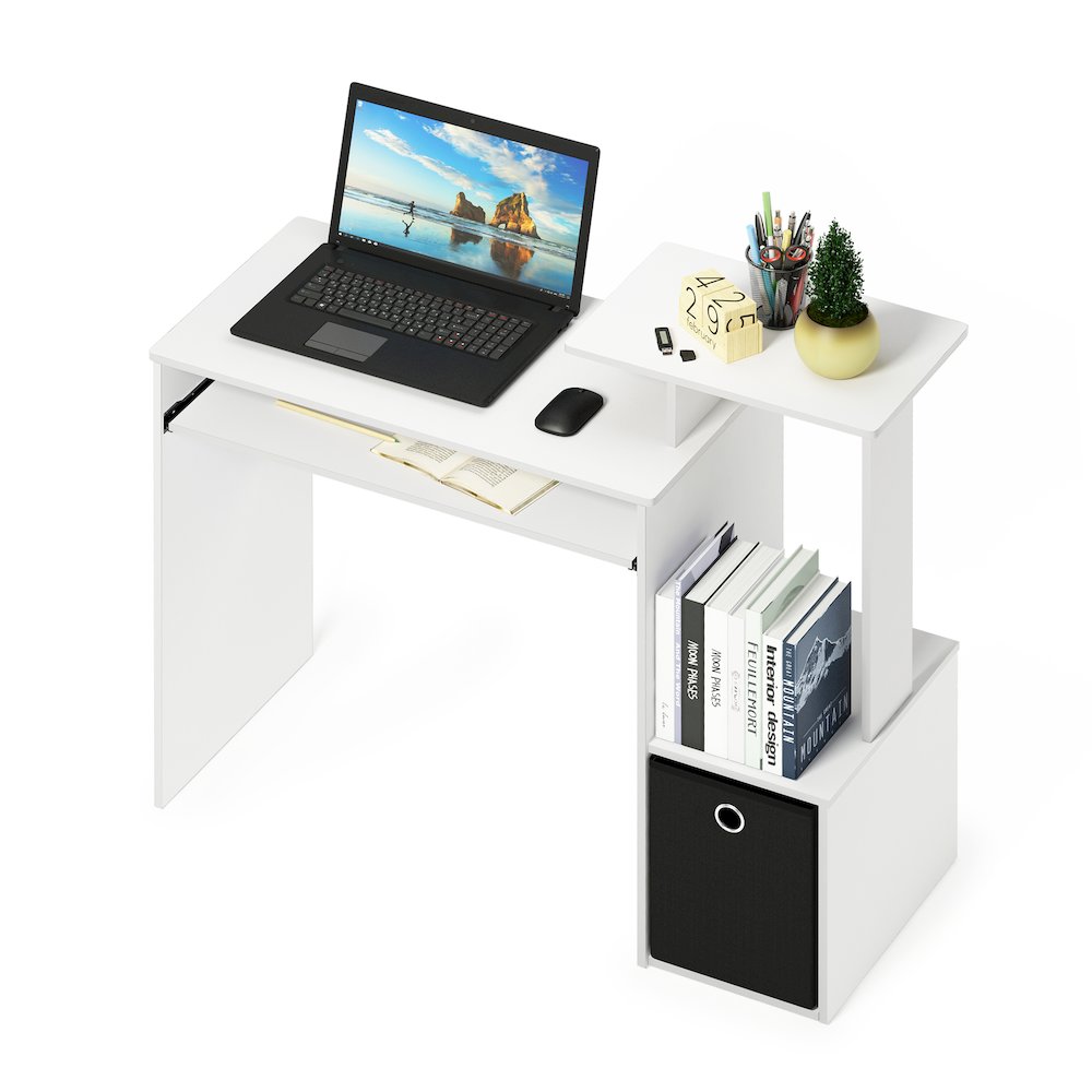 Gaming Desk with Keyboard Tray, with Side Shelves and Storage Bin, Plain White. Picture 7