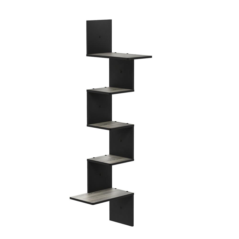 Rossi Modern 5-Tier Wall Floating Corner Shelf, French Oak Grey/Black. Picture 1