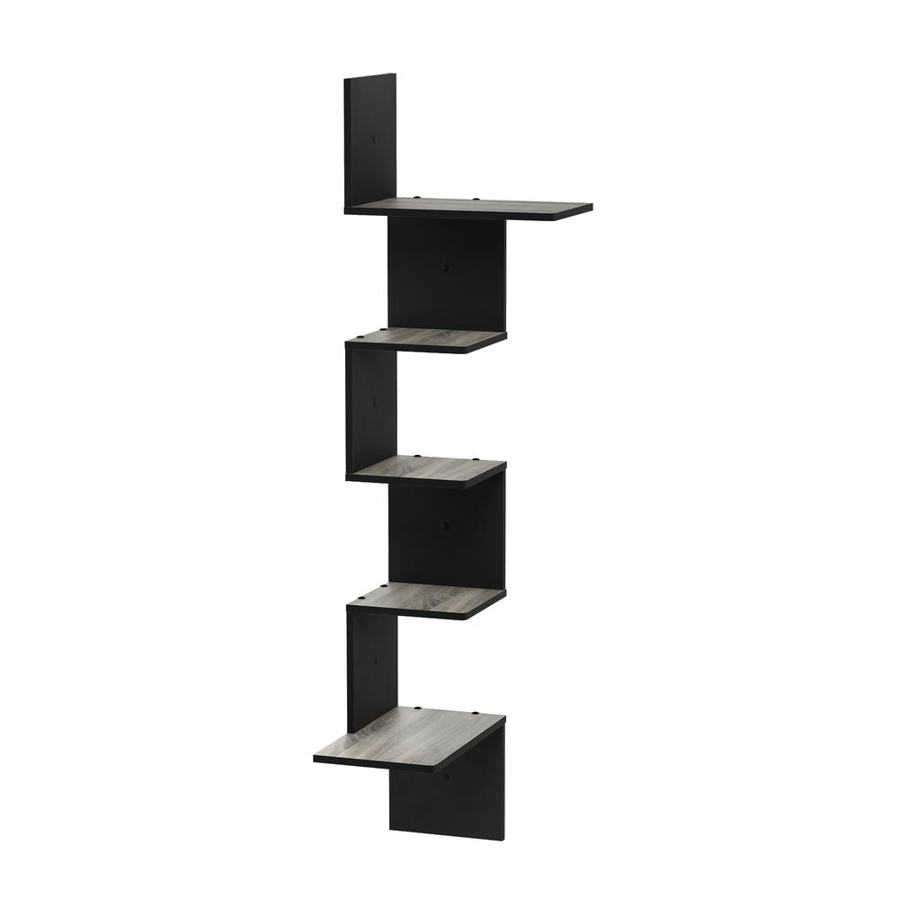 Rossi Modern 5-Tier Wall Floating Corner Shelf, French Oak Grey/Black. Picture 3